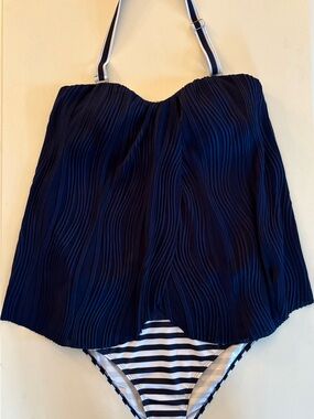 Navy Textured Tankini Swim Top with Striped Bottom